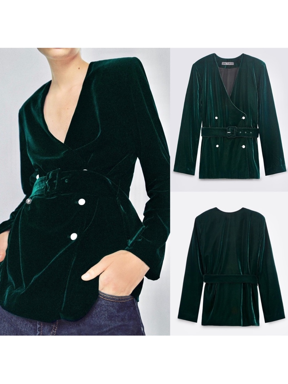 NWOT ZARA Green Velvet Belted Blazer